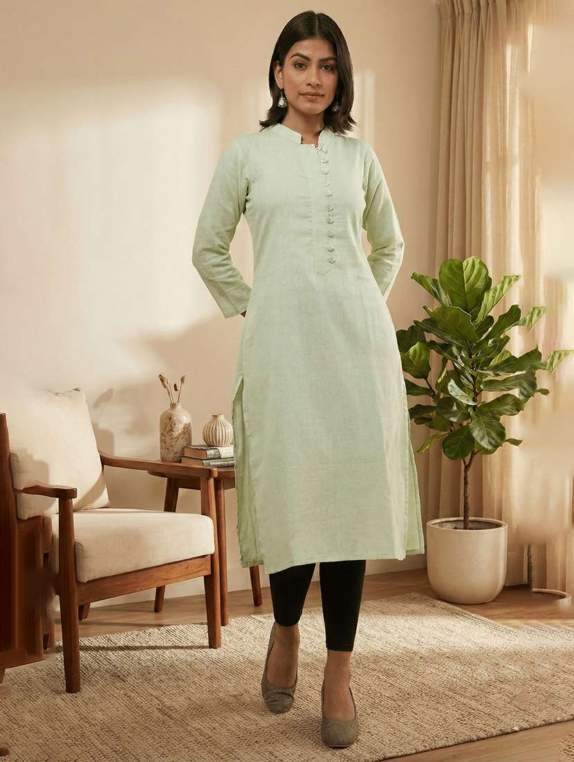 women solid three quarter sleeve straight kurta