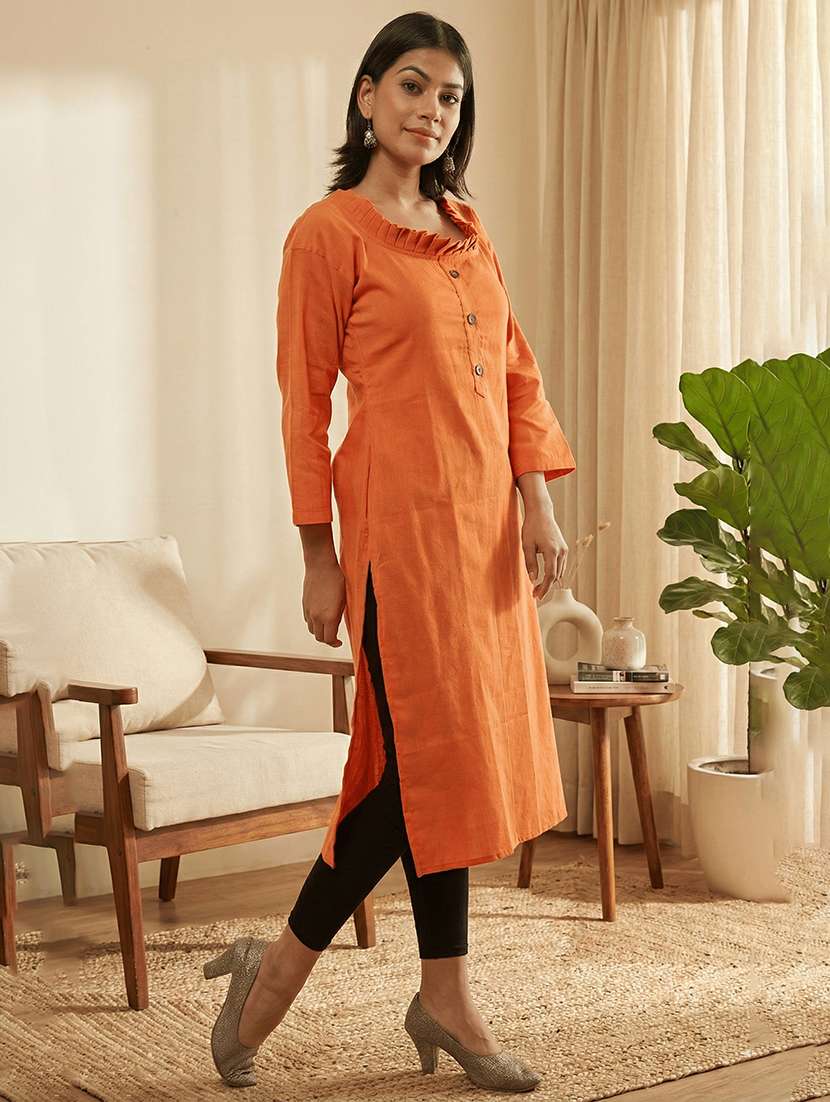 women solid three quarter sleeve straight kurta - 22588957 -  Standard Image - 2