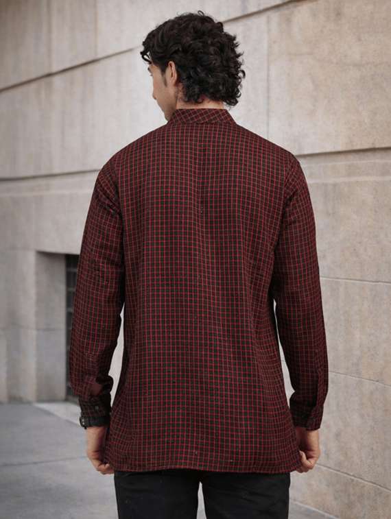 men checkered mandarin neck short kurta - 22589622 -  Standard Image - 2