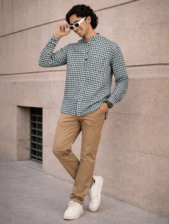 Men Checkered Mandarin Neck Short Kurta - 22589623 -  Standard Image - 2