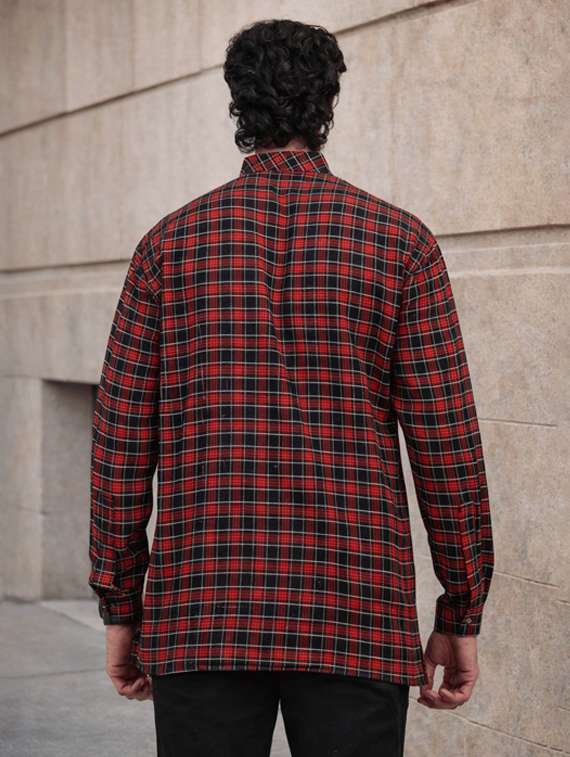 men checkered mandarin neck short kurta - 22589627 -  Standard Image - 2