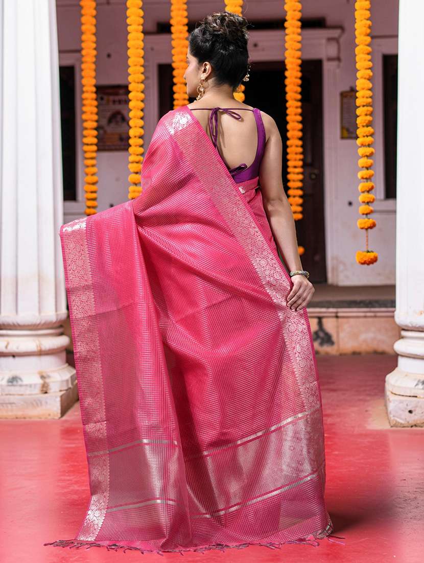 women checkered bordered saree with blouse - 22589650 -  Standard Image - 2