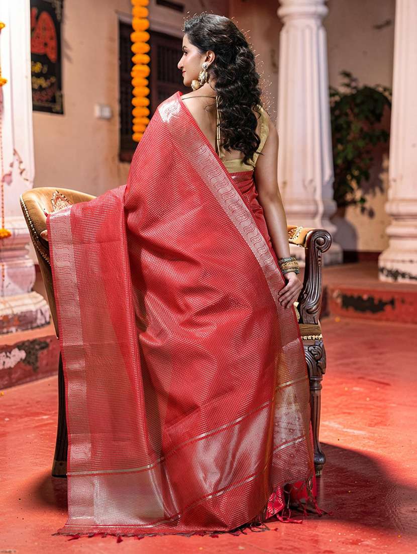 women checkered bordered saree with blouse - 22589651 -  Standard Image - 2