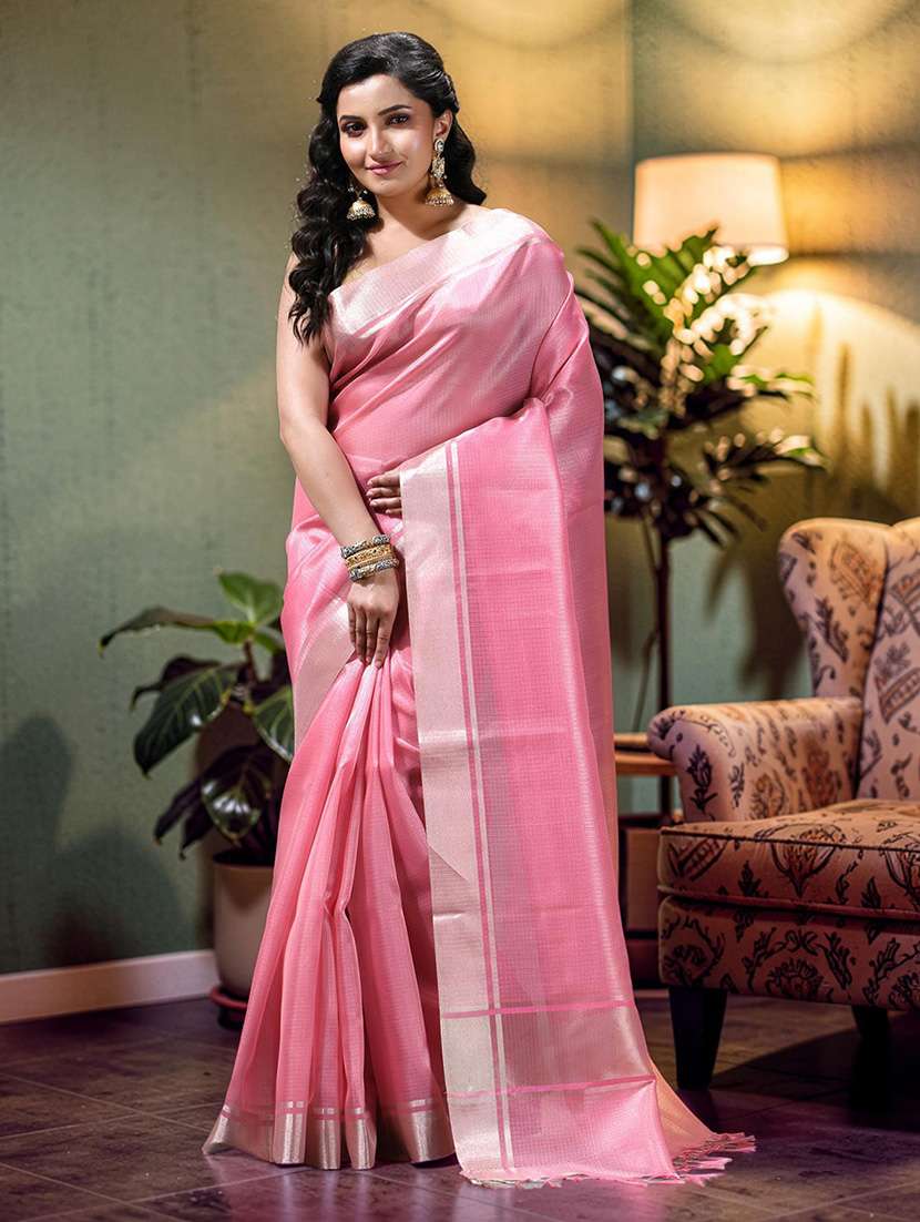 women solid with bordered handloom saree with blouse