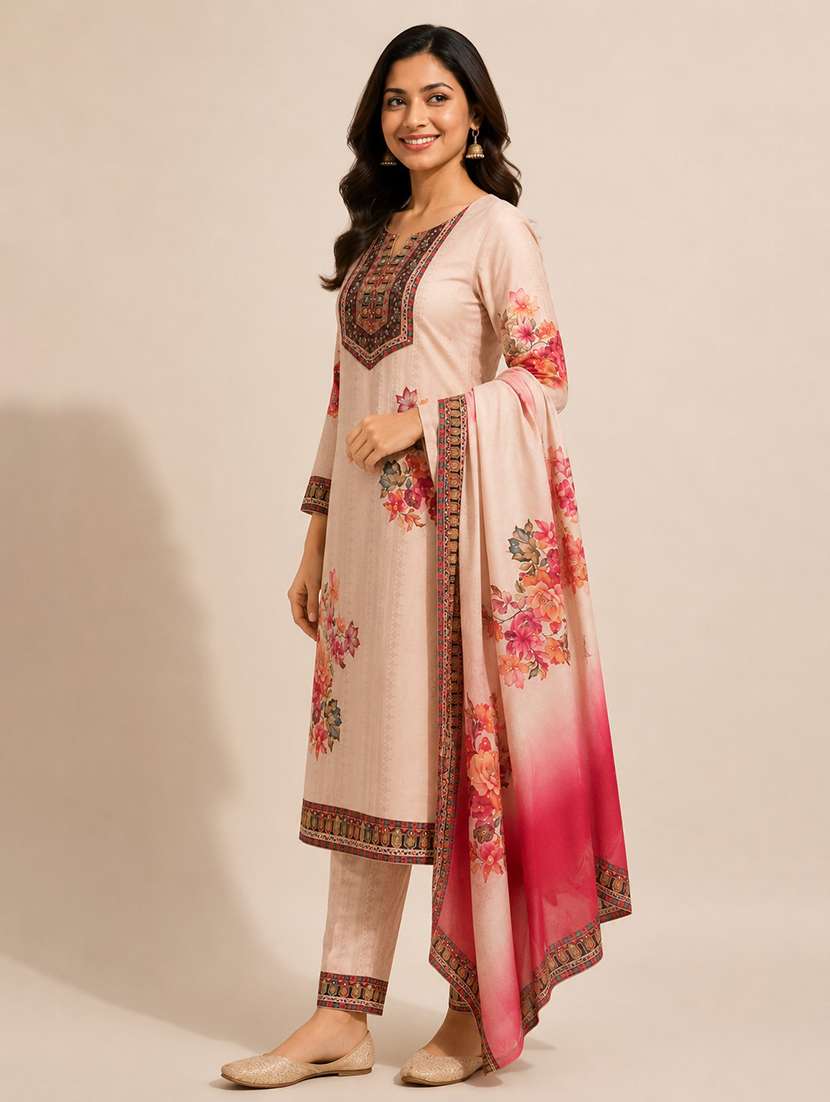 women printed three quarter sleeves kurta pant set with dupatta - 22589867 -  Standard Image - 2