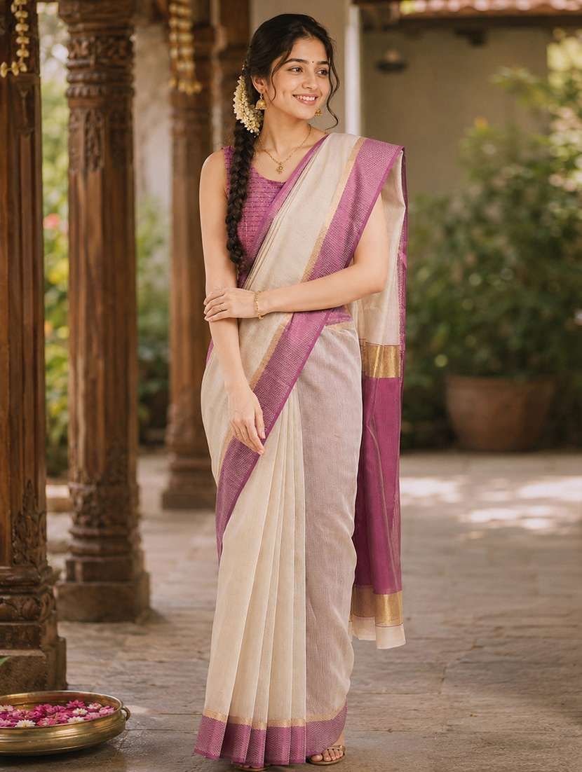 women solid with bordered saree with blouse