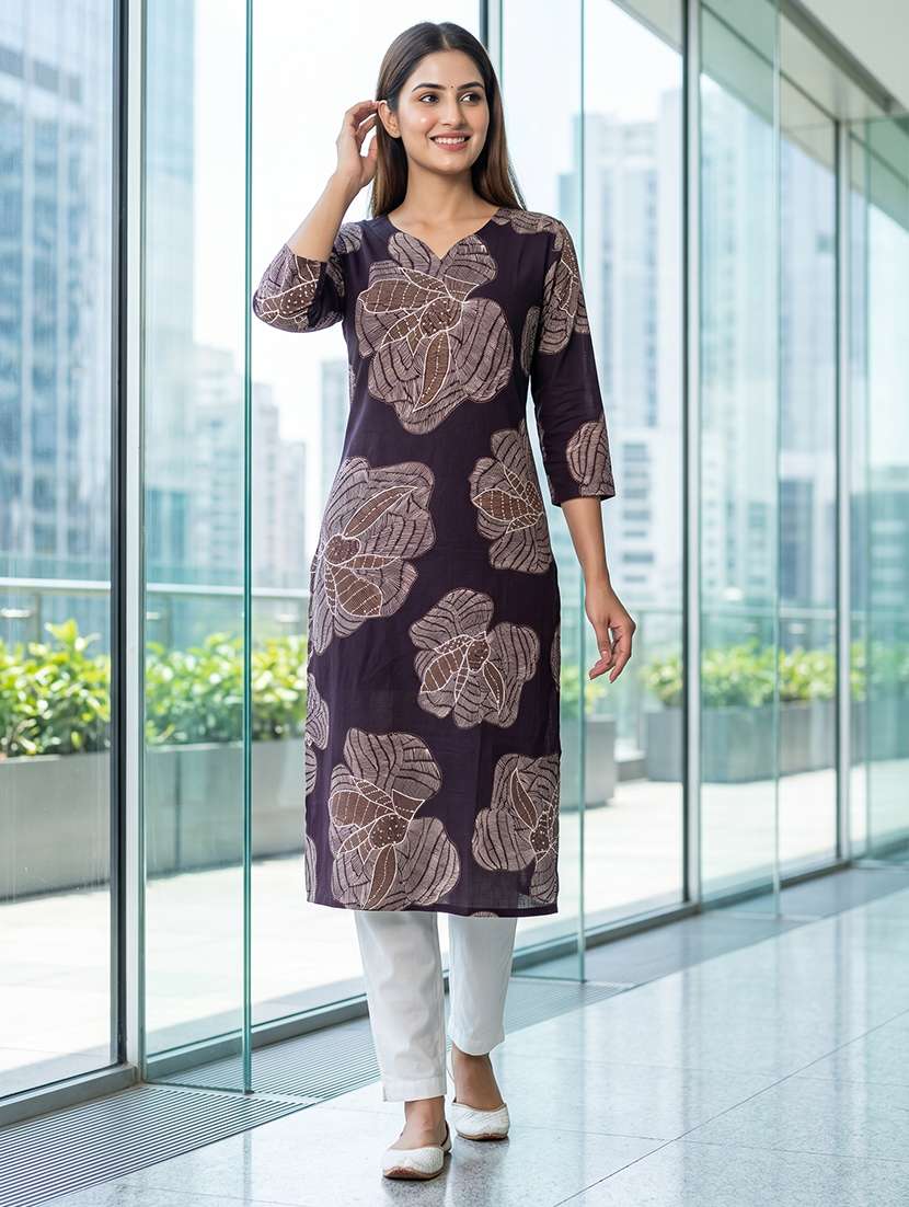 women floral three quarter sleeve straight kurta