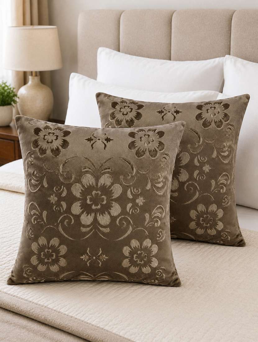 set of 2 decorative throw pillow cover, floral embossed pattern, champagne gold, satin finish 16x16 inh