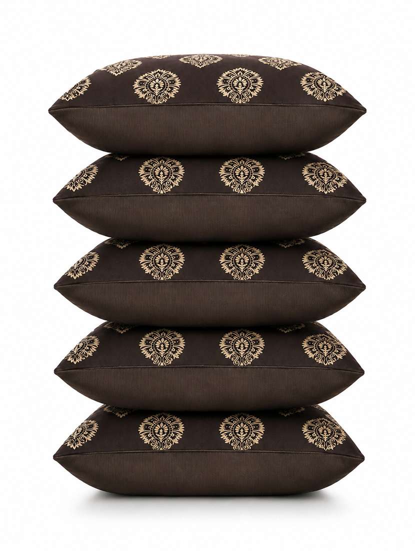 Set Of 5 Decorative Throw Pillow Cover, Brown With Damask Pattern, Silver Medallion Print 16x16 Inh - 22590208 -  Standard Image - 2