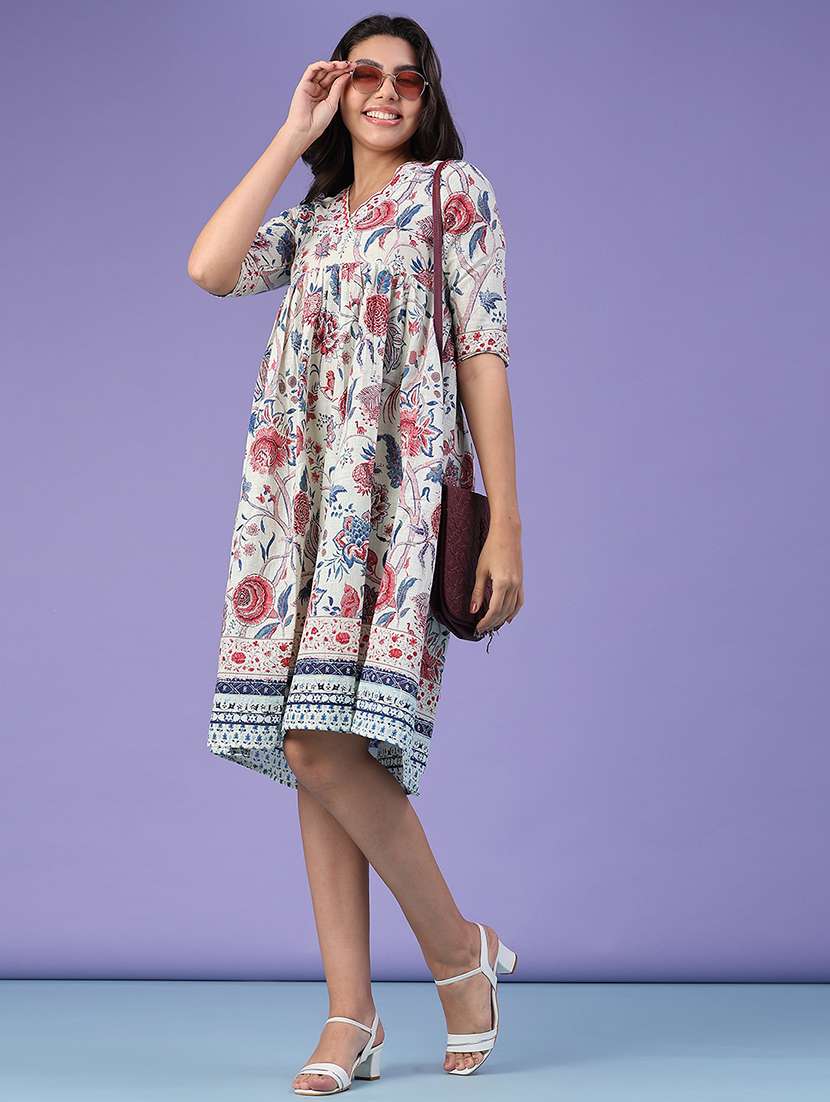 women printed short sleeves a-line dress