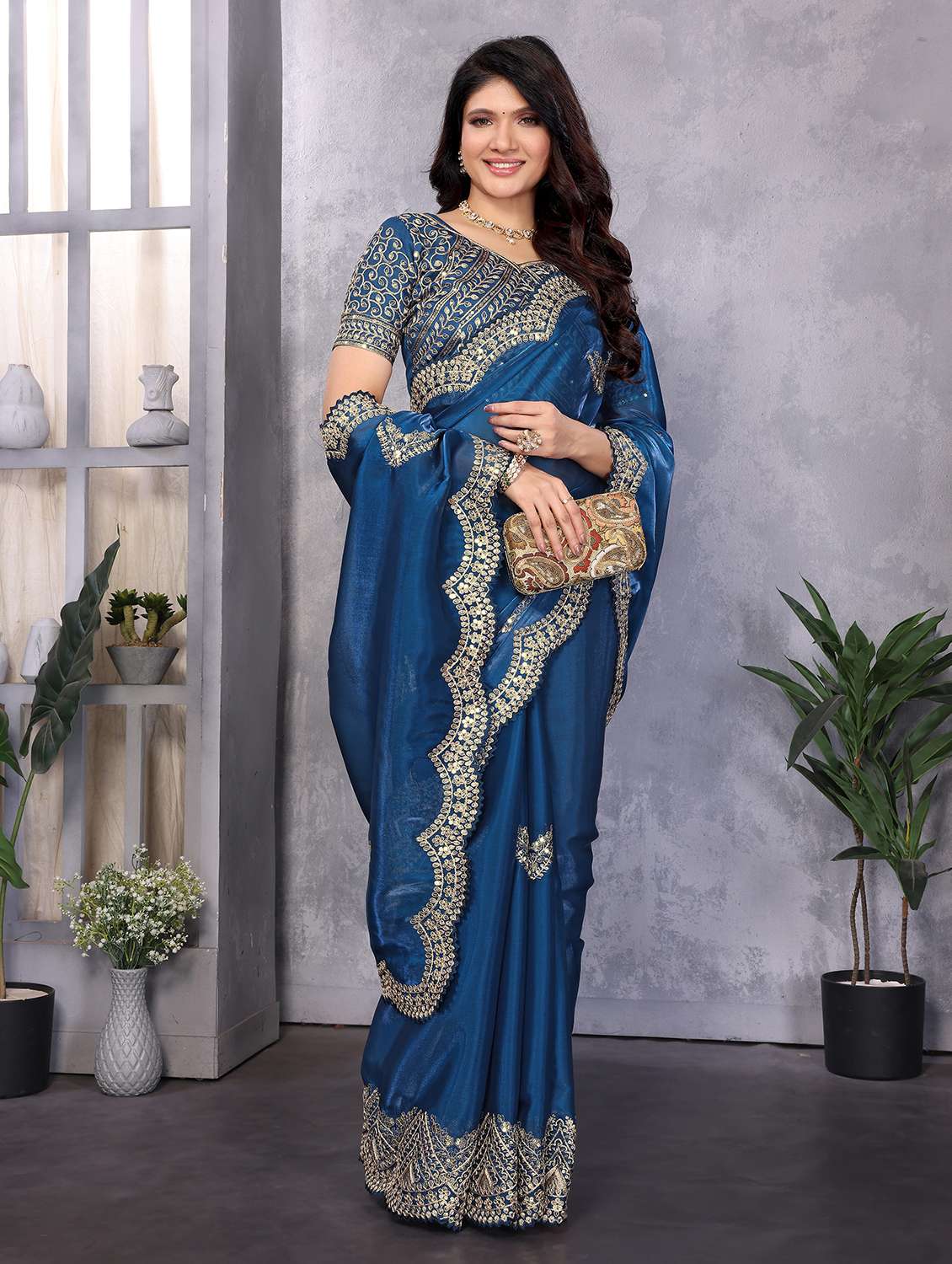 women solid with work embroidered saree with blouse