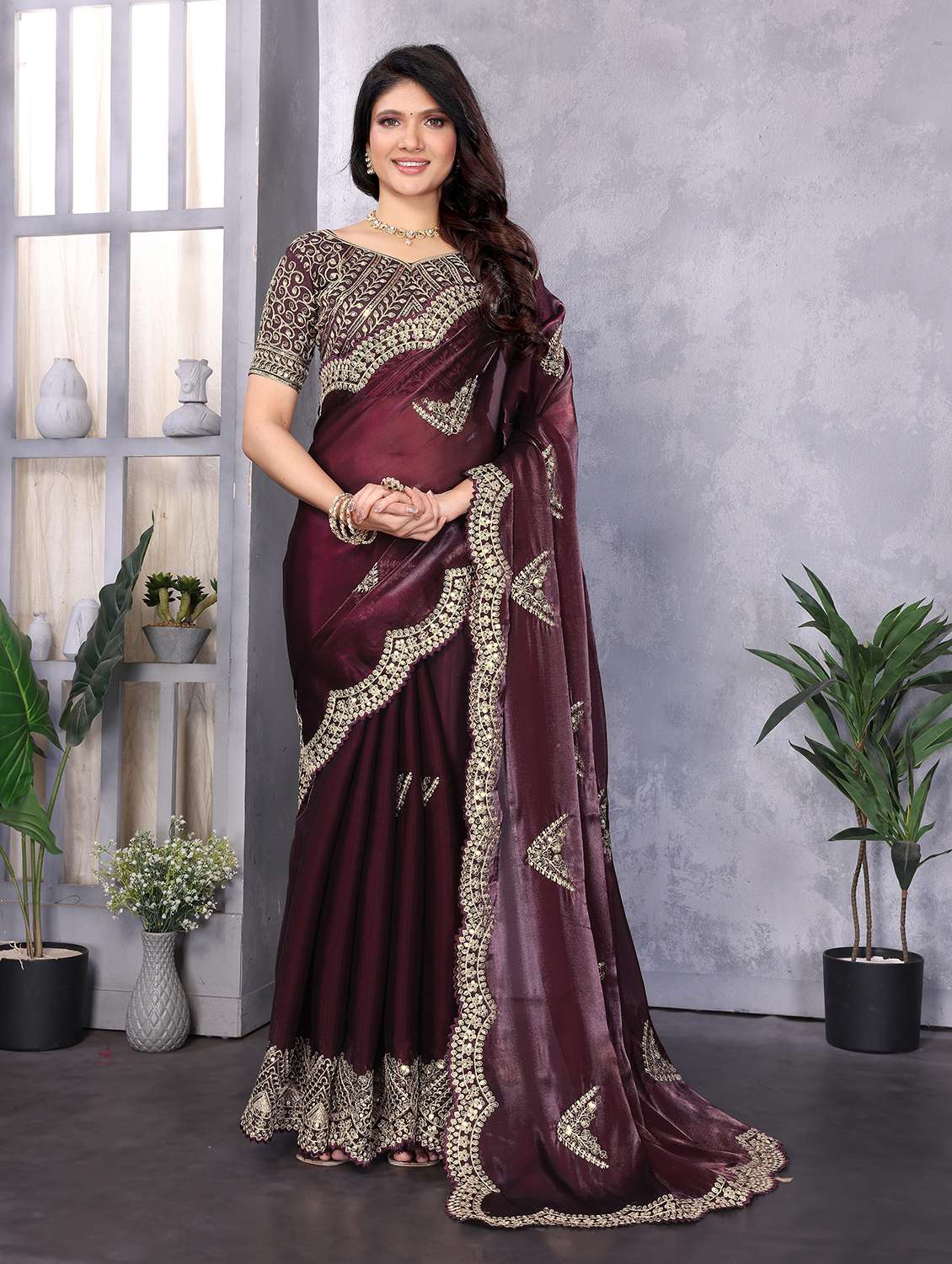 women solid with work embroidered saree with blouse - 22593041 -  Standard Image - 2