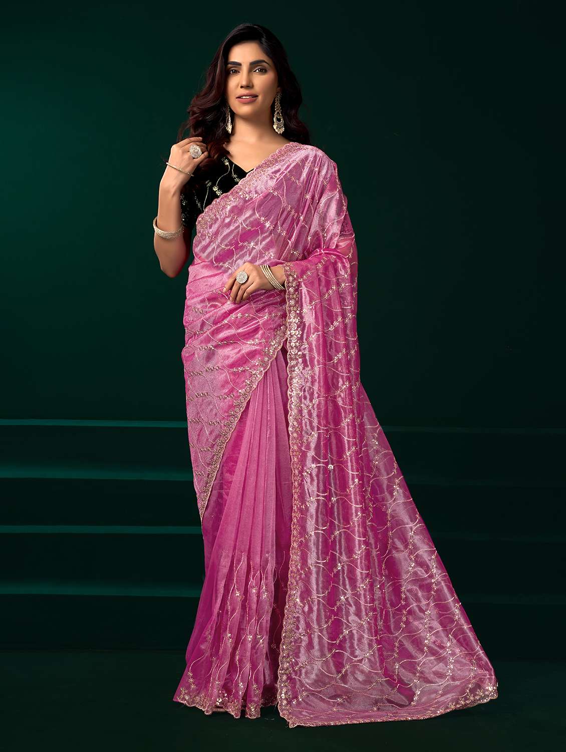 women solid with work embroidered saree with blouse