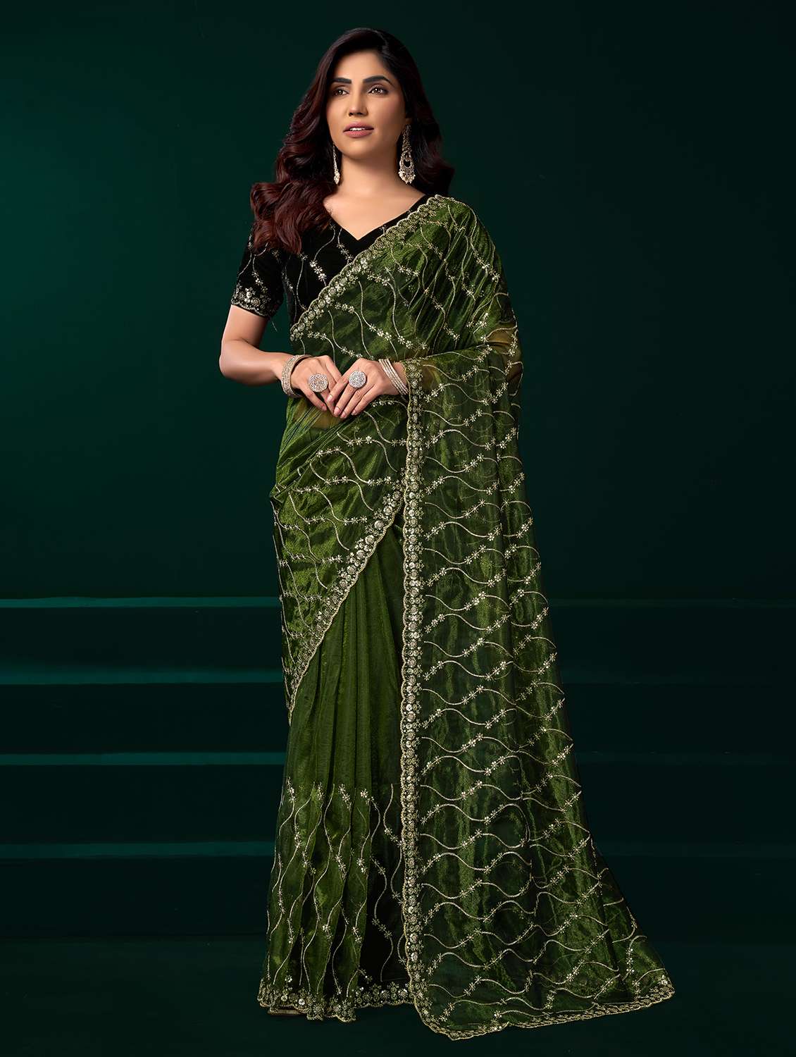 women solid with work embroidered saree with blouse