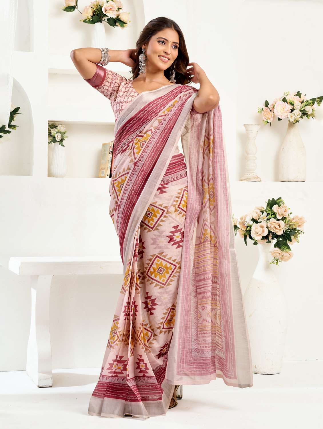 women printed ready to wear saree with blouse