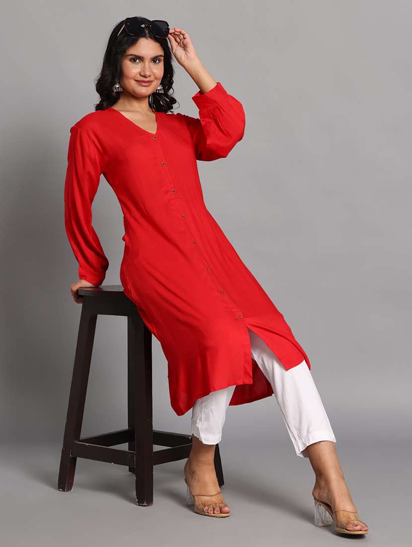 women solid long sleeves a-line kurta
