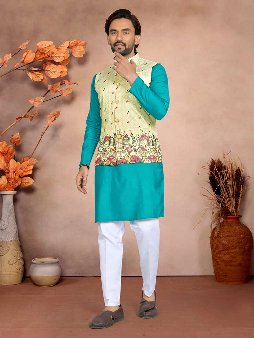 Men Printed Mandarin Neck Kurta Pyjama With Jacket Set - 22593739 -  Standard Image - 2