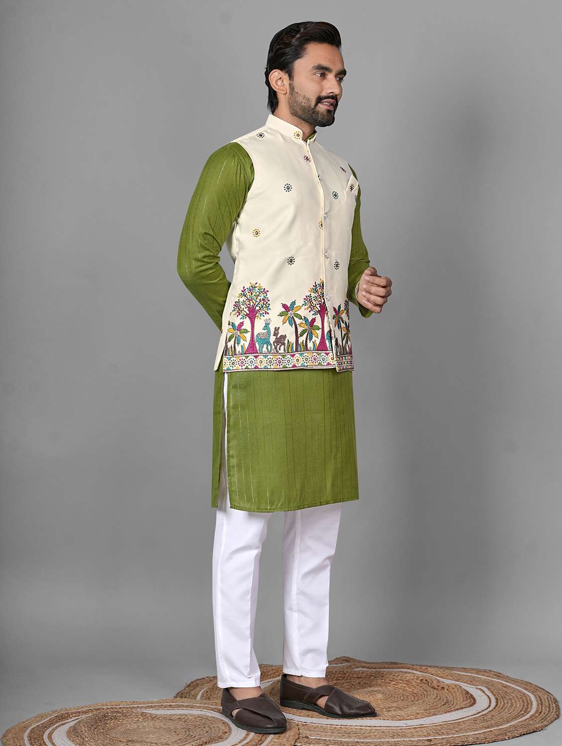 men embroidered mandarin neck kurta pyjama with jacket set - 22593742 -  Standard Image - 2