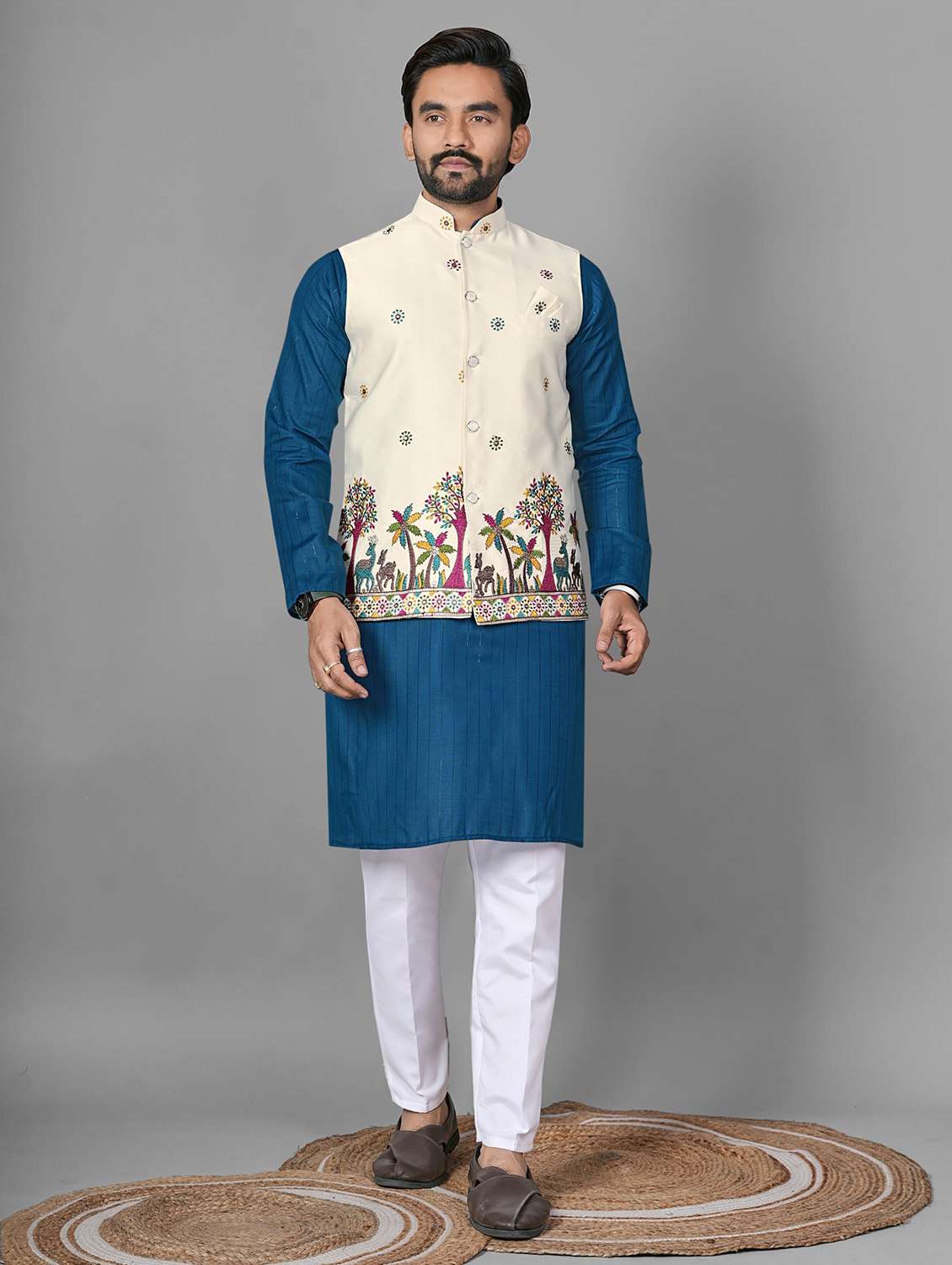 men embroidered mandarin neck kurta pyjama with jacket set - 22593743 -  Standard Image - 2