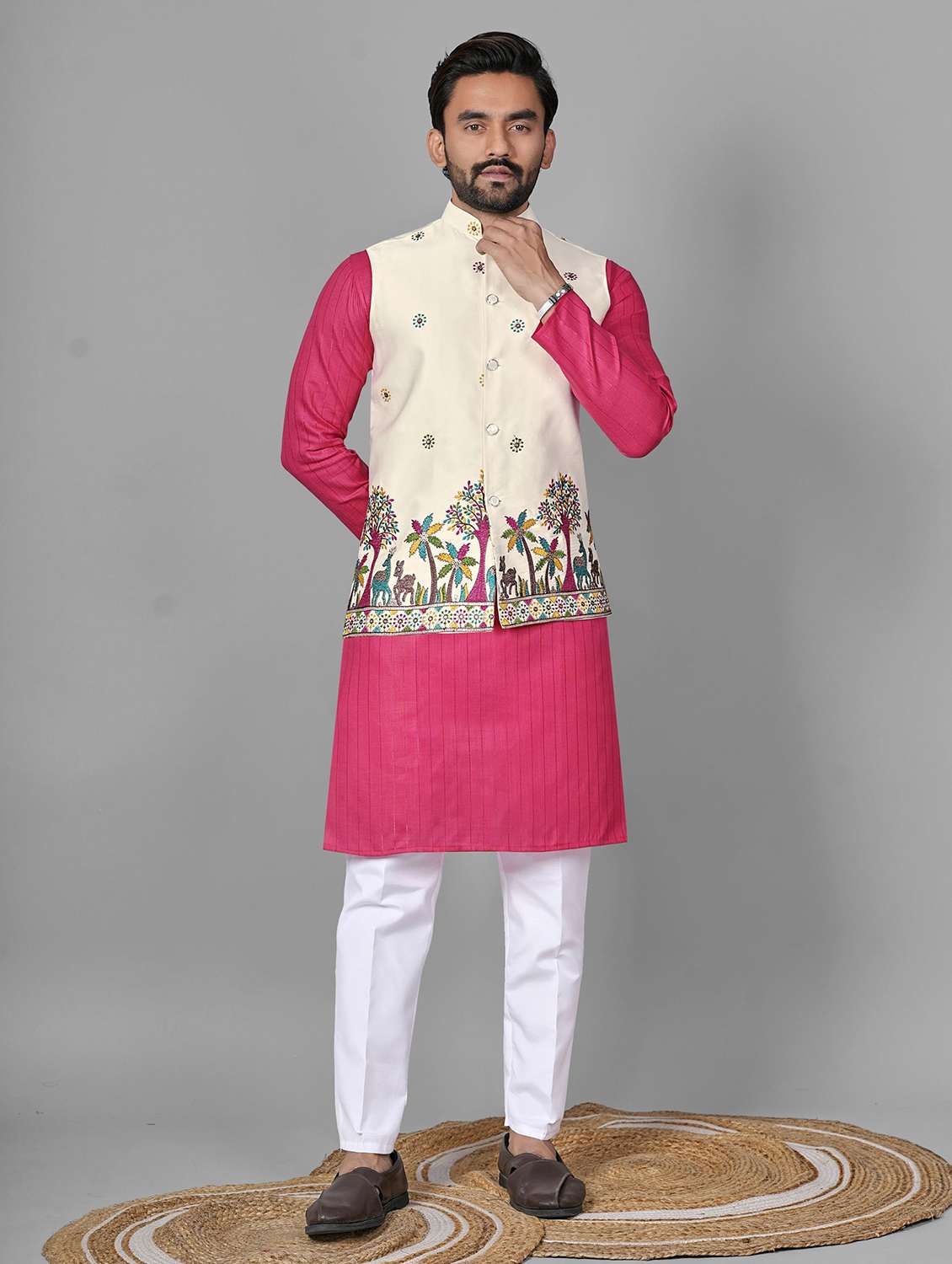 men embroidered mandarin neck kurta pyjama with jacket set - 22593744 -  Standard Image - 2