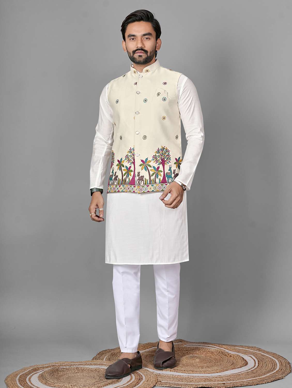 men embroidered mandarin neck kurta pyjama with jacket set - 22593746 -  Standard Image - 2