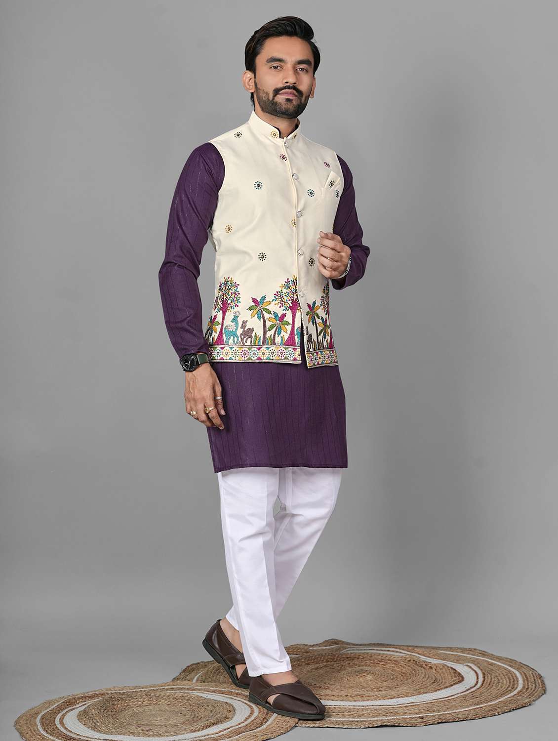 men embroidered mandarin neck kurta pyjama with jacket set - 22593747 -  Standard Image - 2