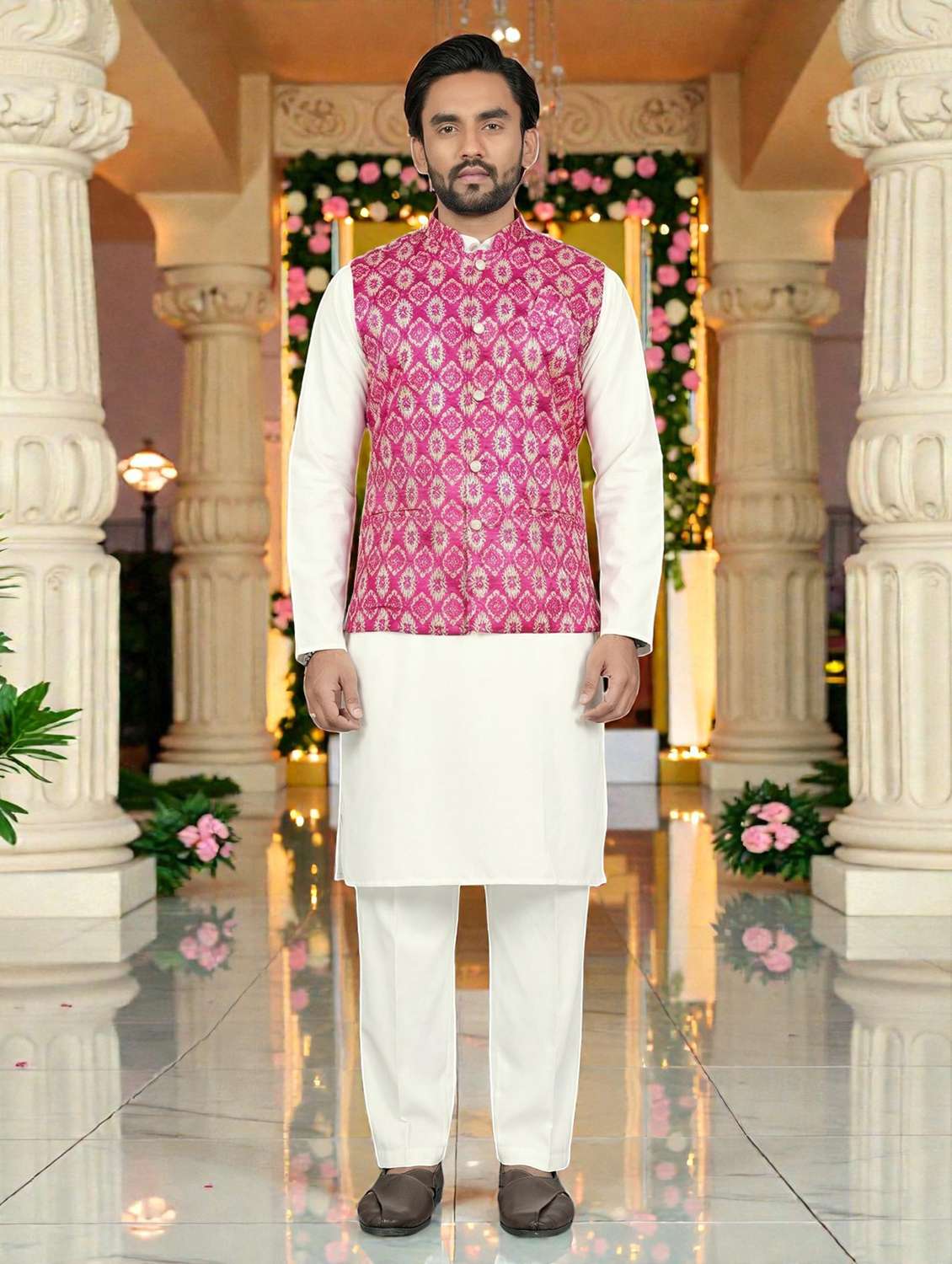 men printed mandarin neck kurta pyjama with jacket set