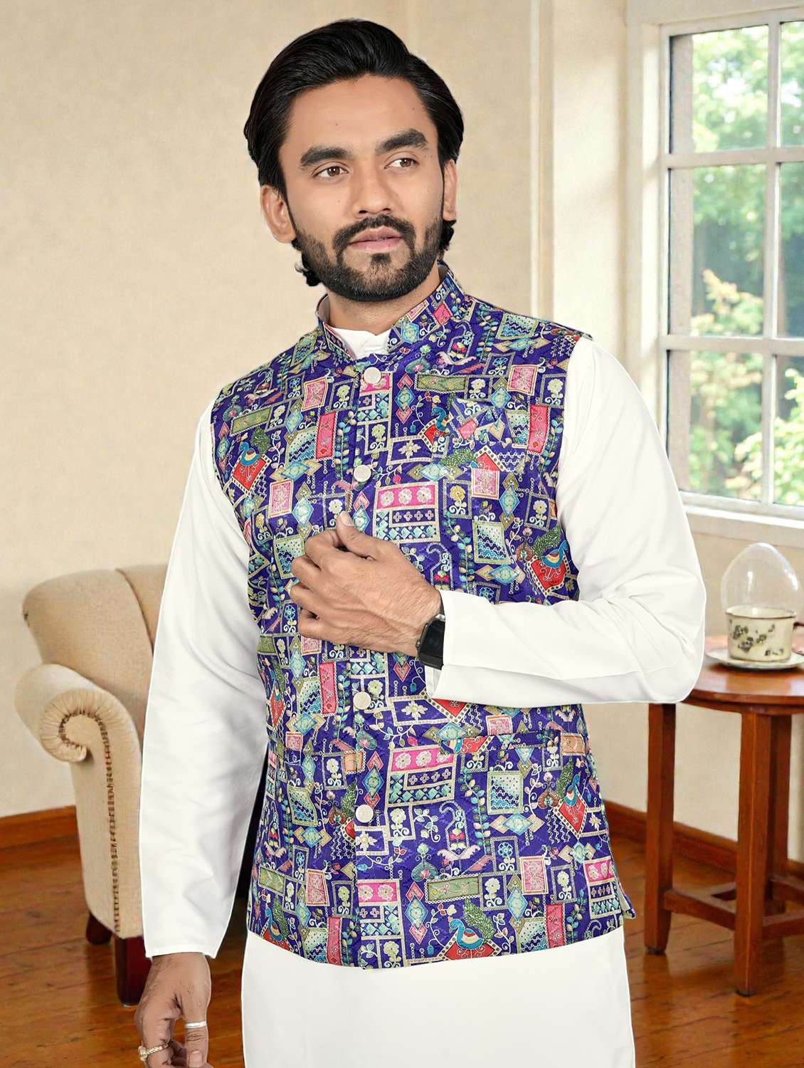 Men Printed Mandarin Neck Kurta Pyjama With Jacket Set - 22593752 -  Standard Image - 2