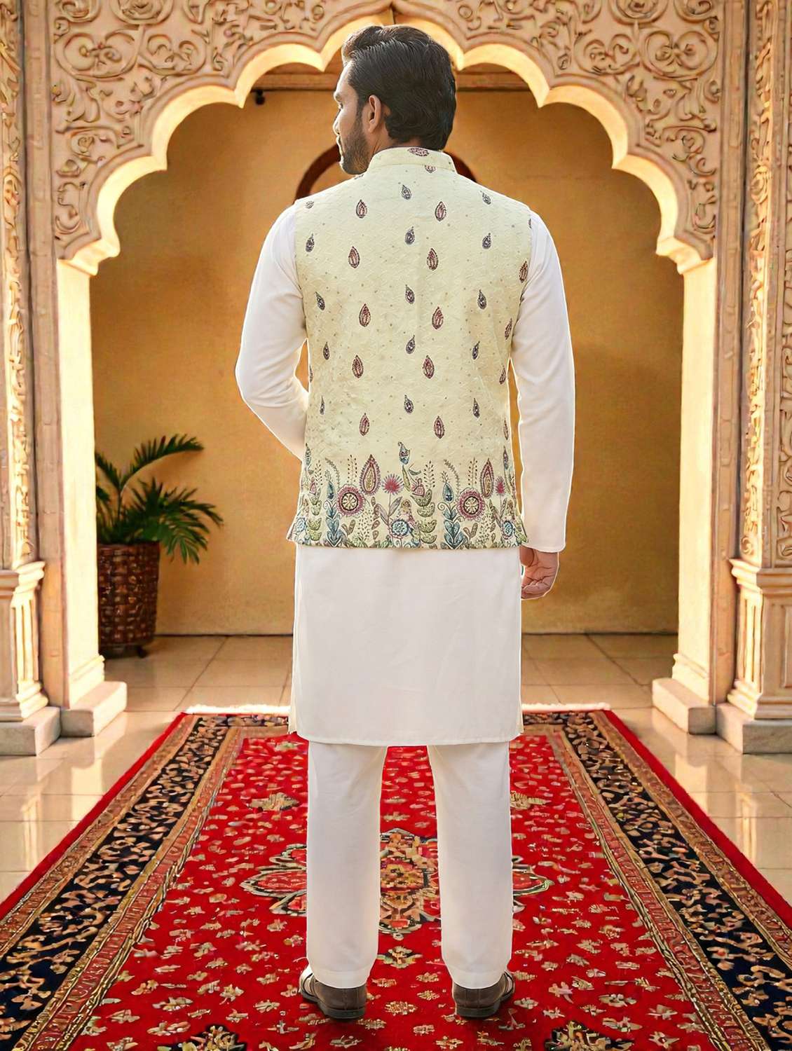 men printed mandarin neck kurta pyjama with jacket set - 22593755 -  Standard Image - 2
