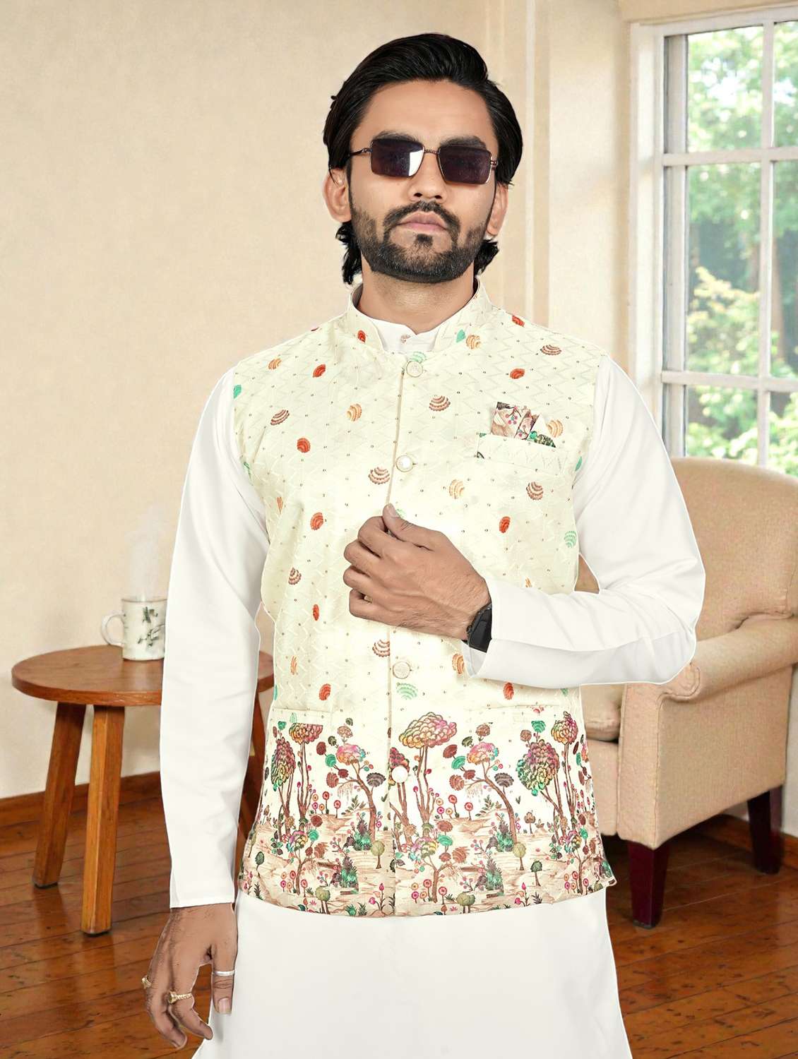 men printed mandarin neck kurta pyjama with jacket set