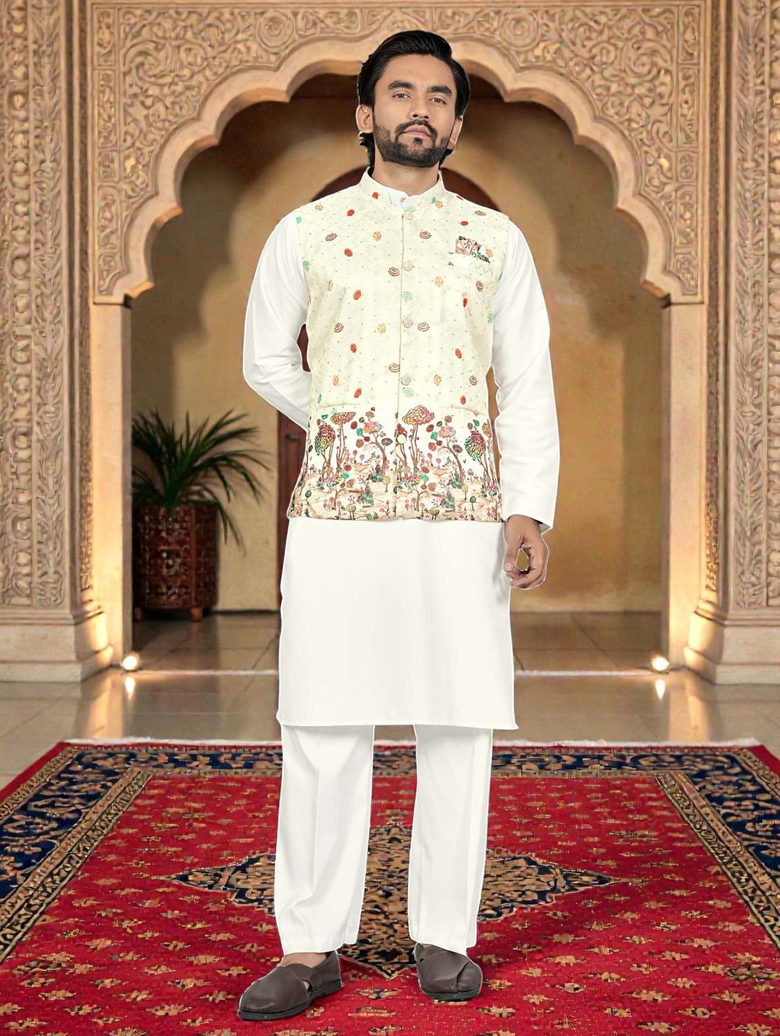 Men Printed Mandarin Neck Kurta Pyjama With Jacket Set - 22593756 -  Standard Image - 2