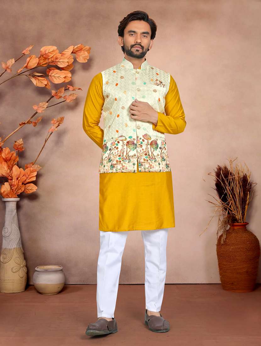Men Printed Mandarin Neck Kurta Pyjama With Jacket Set - 22593759 -  Standard Image - 2