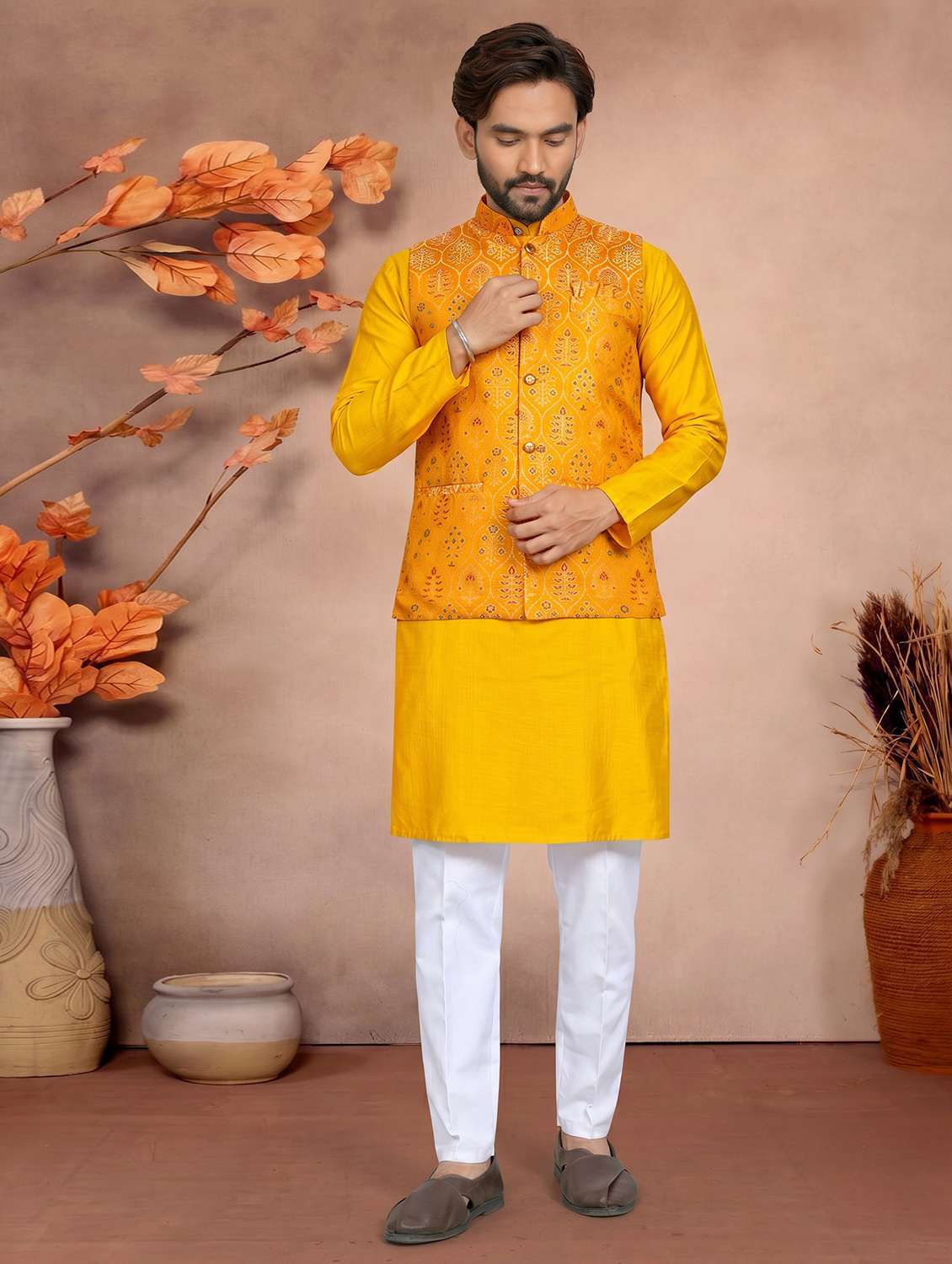 Men Self Design Mandarin Neck Kurta Pyjama With Jacket Set - 22593769 -  Standard Image - 2