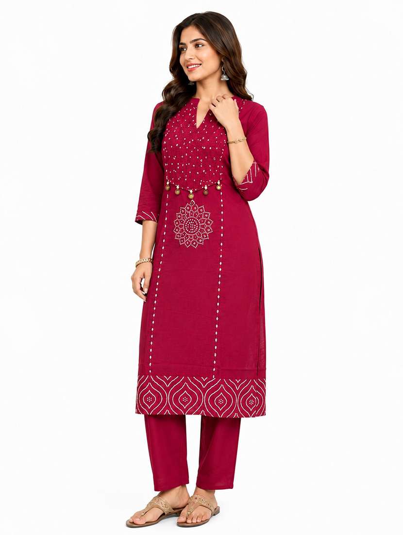 women printed three quarter sleeves kurta pant set - 22593827 -  Standard Image - 2