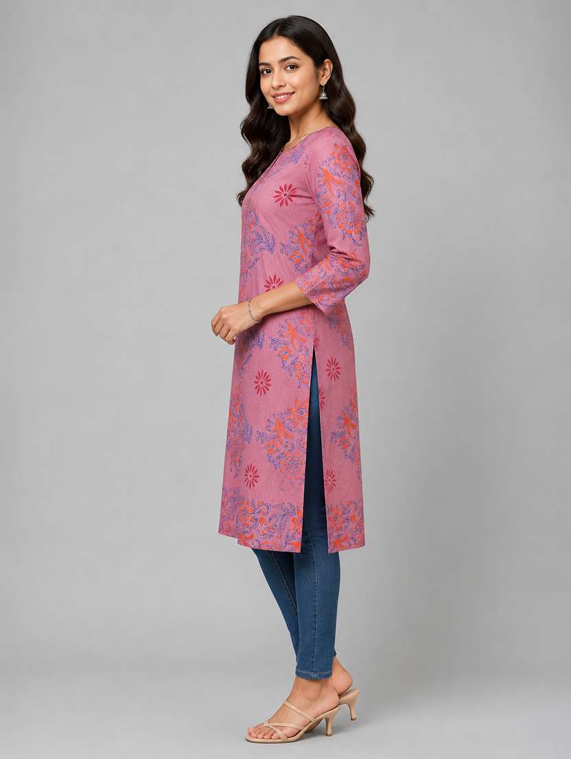 Women Printed Three Quarter Sleeves Straight Kurta - 22594111 -  Standard Image - 2