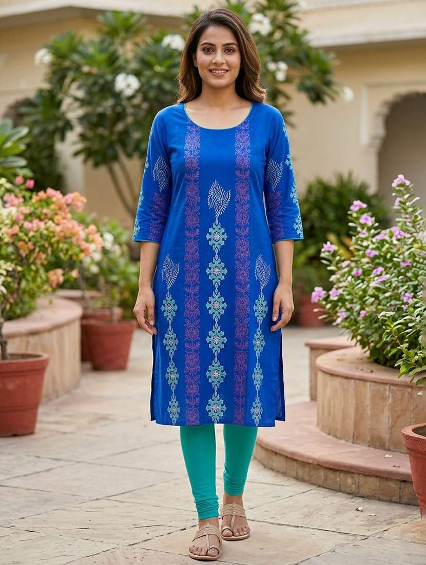women printed three quarter sleeves straight kurta