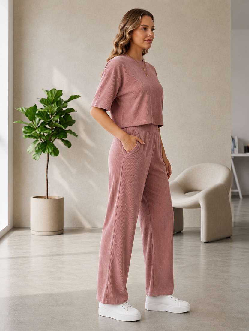 Women Self Design Short Sleeves T-shirt And Trouser Co-ord Set - 22594121 -  Standard Image - 2