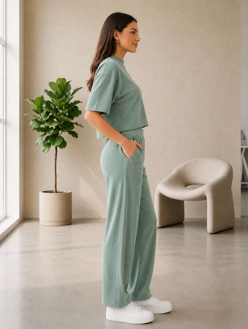 Women Self Design Short Sleeves T-shirt And Trouser Co-ord Set - 22594123 -  Standard Image - 2