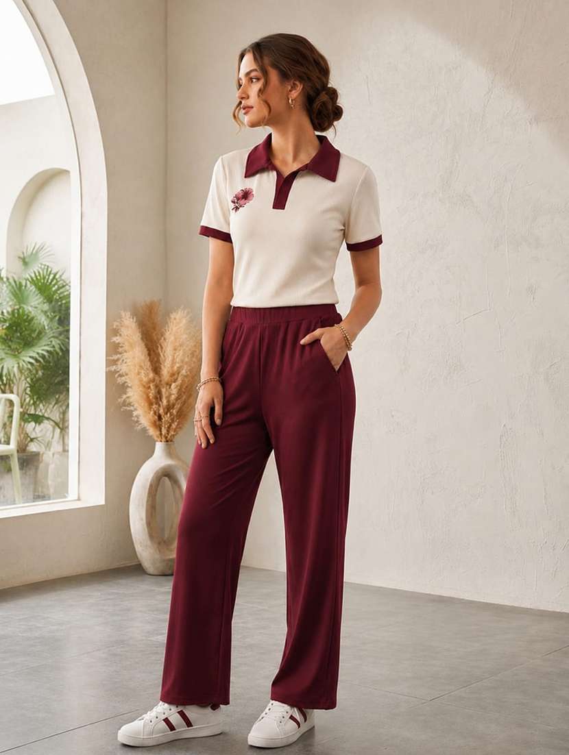 Women Solid Short Sleeves T-shirt And Trouser Co-ord Set - 22594127 -  Standard Image - 2