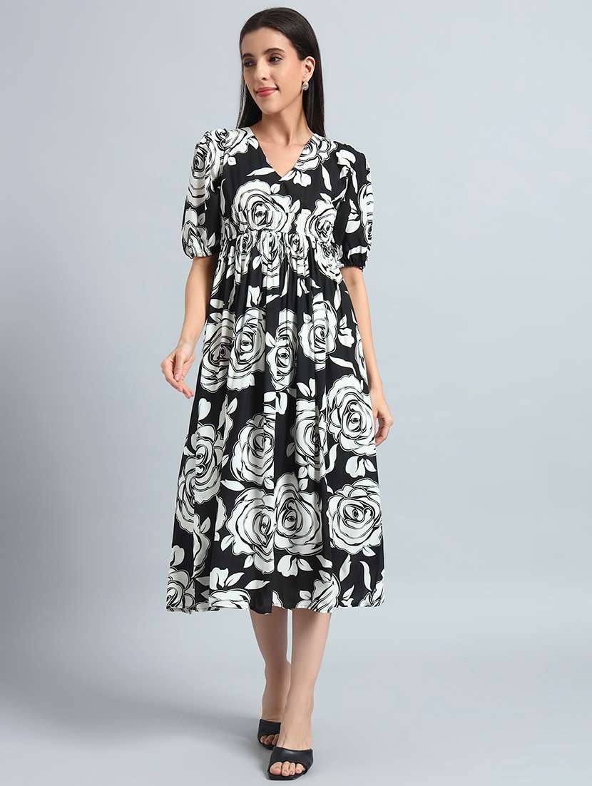 women printed puff sleeves fit and flare dress - 22594136 -  Standard Image - 2
