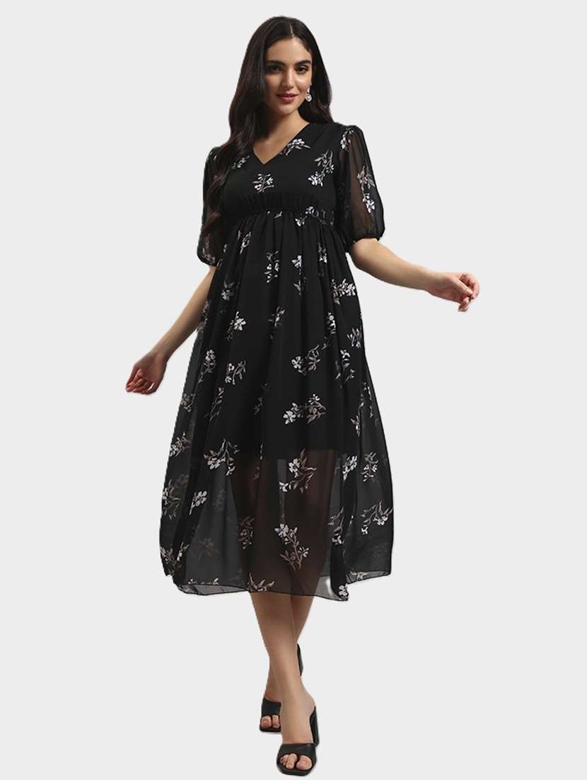 women printed puff sleeves fit and flare dress - 22594140 -  Standard Image - 2