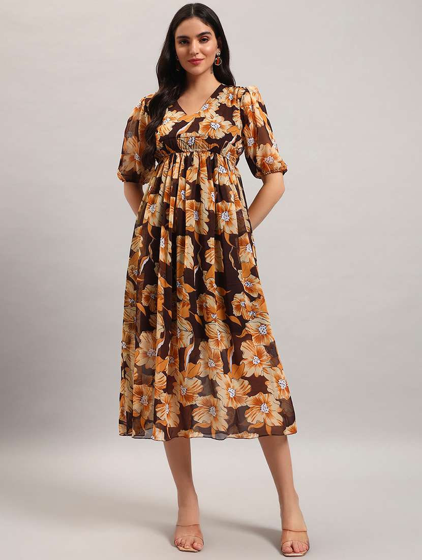 women printed puff sleeves fit and flare dress - 22594141 -  Standard Image - 2