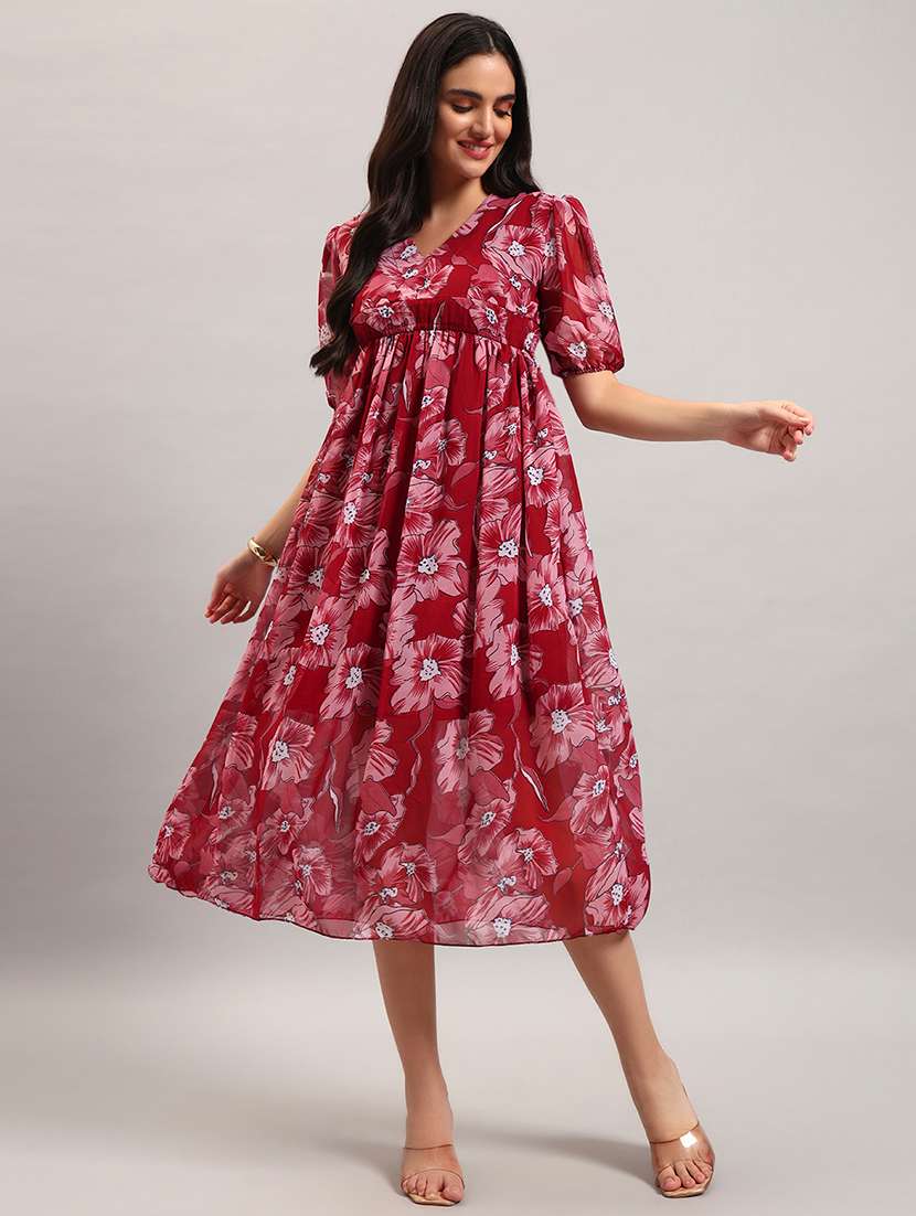 women printed puff sleeves fit and flare dress - 22594142 -  Standard Image - 2