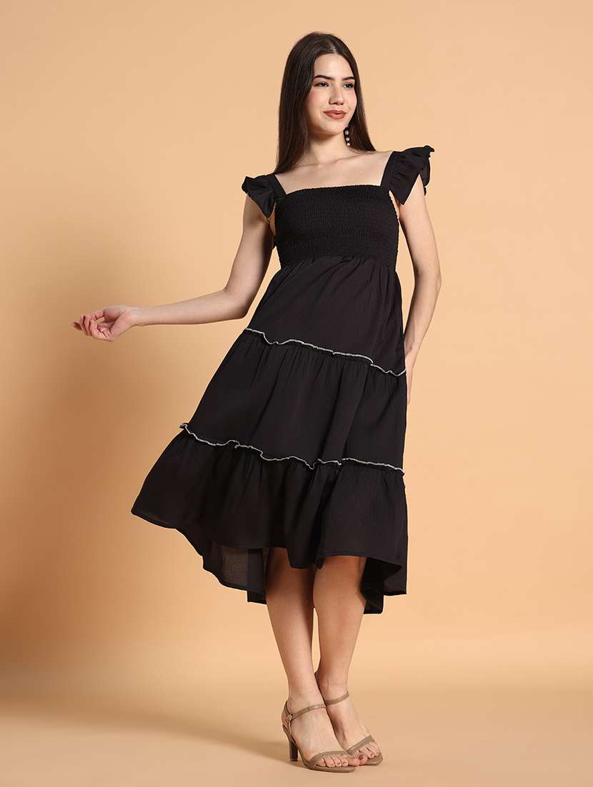 women solid ruffle sleeves tiered dress