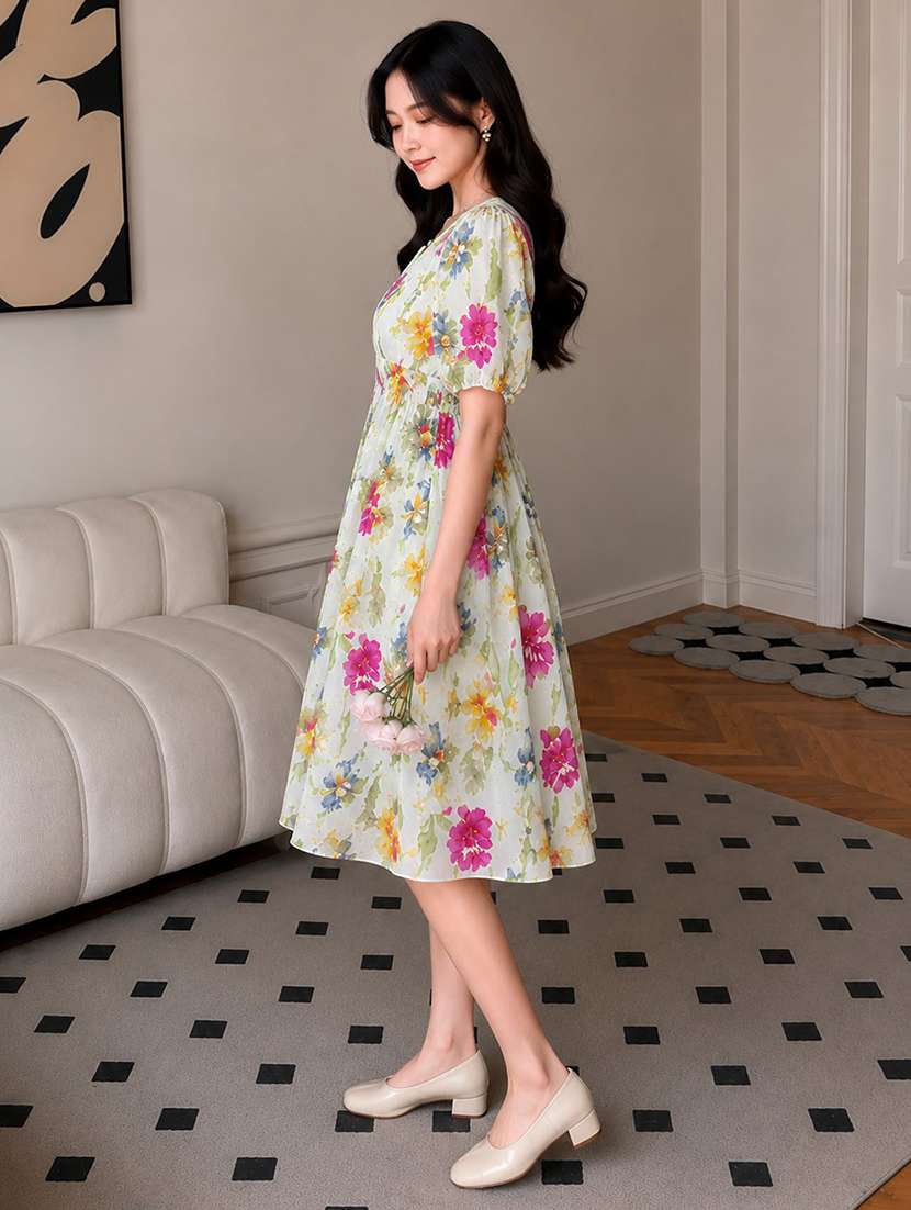 women printed puff sleeves fit and flare dress - 22594163 -  Standard Image - 2