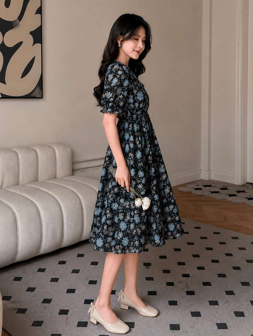Women Printed Puff Sleeves Fit And Flare Dress - 22594166 -  Standard Image - 2