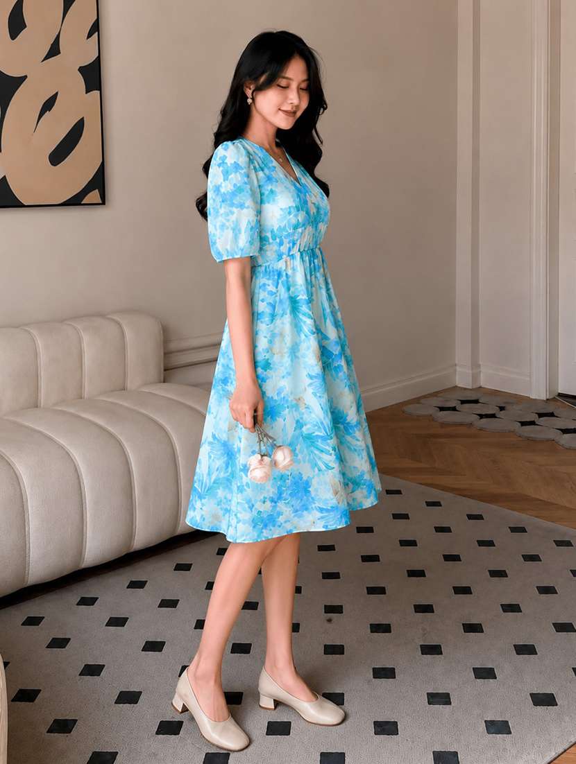 women printed puff sleeves fit and flare dress - 22594167 -  Standard Image - 2