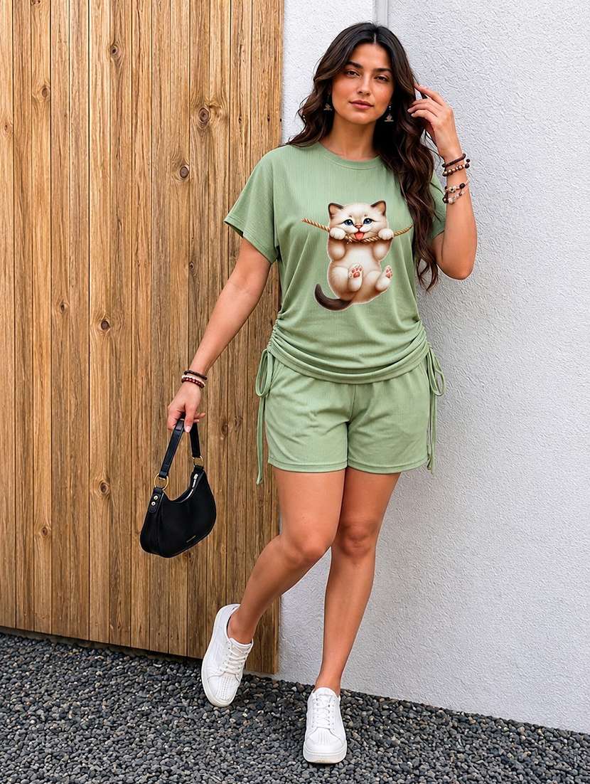 women printed short sleeves t-shirt and shorts set