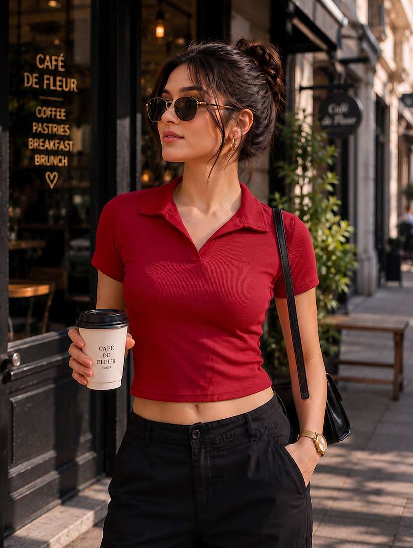 women solid short sleeve crop top