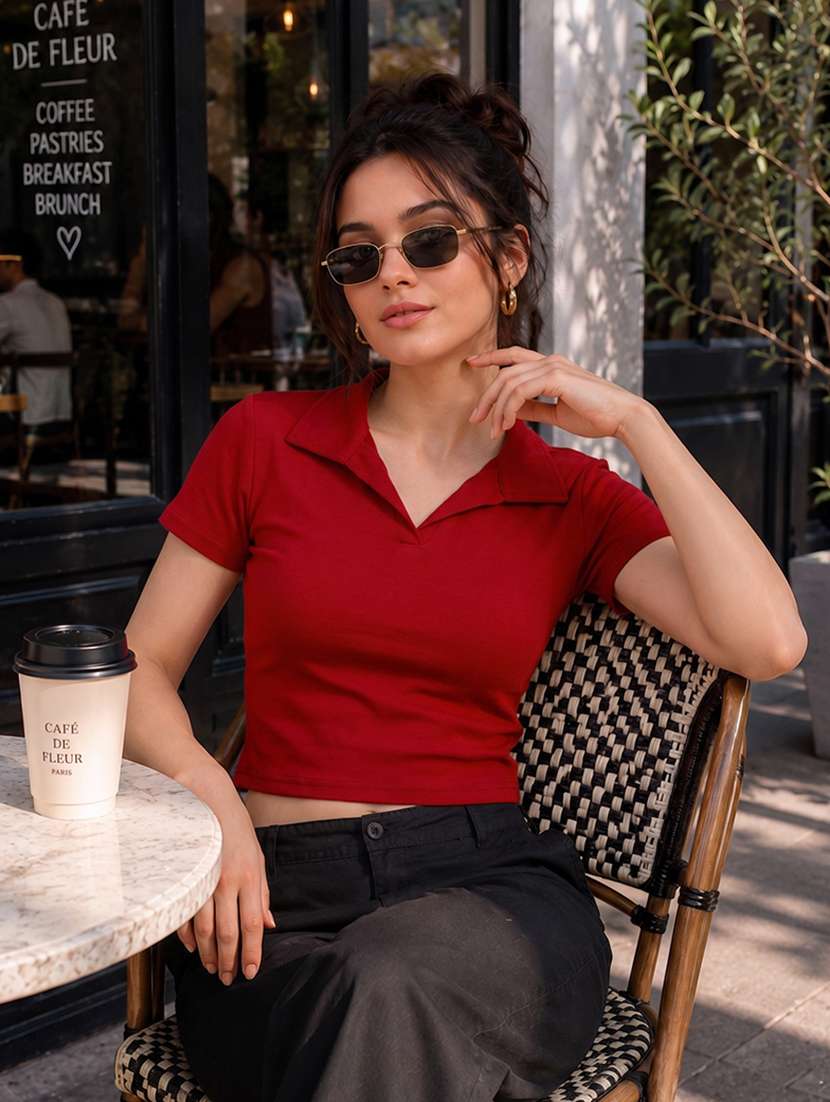 women solid short sleeve crop top - 22594228 -  Standard Image - 2